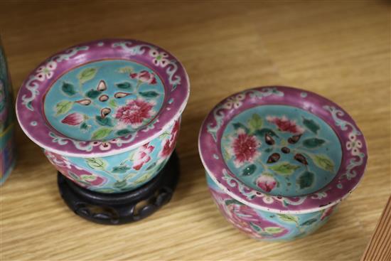 A pair of Chinese Straits turquoise ground jars and covers, a vase and a plate